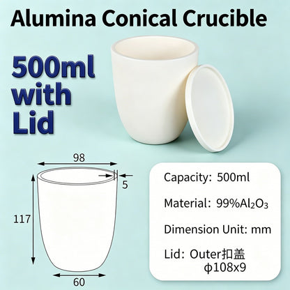 Alumina Conical Crucible – Lidded, 150–750mL, High Purity for Bulk Processing