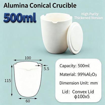 Alumina Conical Crucible – Lidded, 150–750mL, High Purity for Bulk Processing