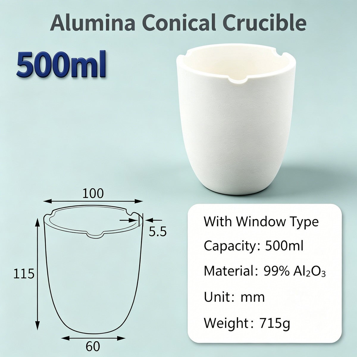 Alumina Conical Crucible – Lidless, 150–3500mL, Large Capacity