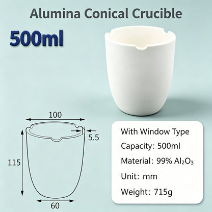 Alumina Conical Crucible – Lidless, 150–3500mL, Large Capacity