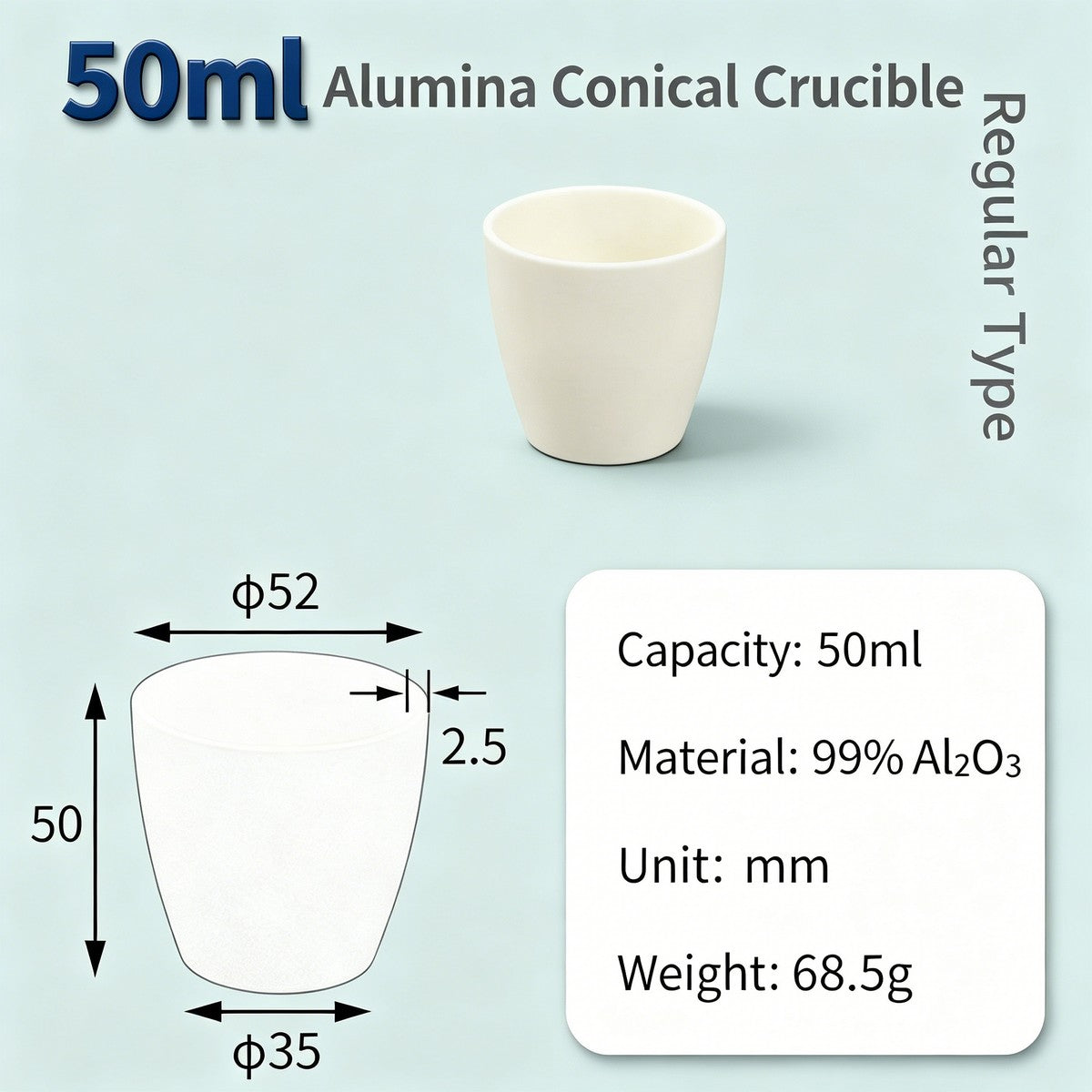 Alumina Conical Crucible – Lidless, 3–100mL, 99% High Purity