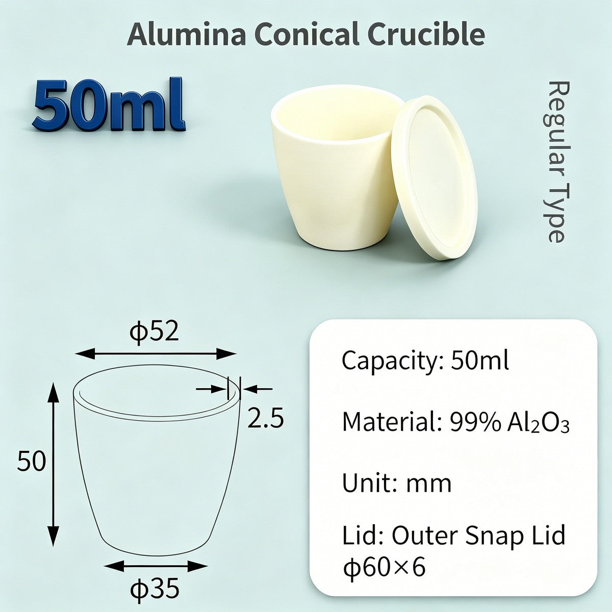 Alumina Conical Crucible – Lidded, 20–100mL, Regular, Short & High Purity