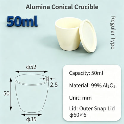 Alumina Conical Crucible – Lidded, 20–100mL, Regular, Short & High Purity