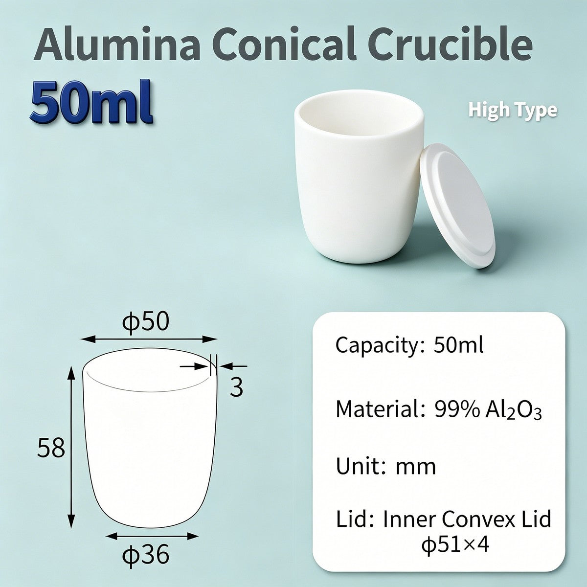 Alumina Conical Crucible – Lidded, 20–100mL, Regular, Short & High Purity