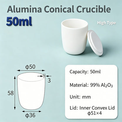 Alumina Conical Crucible – Lidded, 20–100mL, Regular, Short & High Purity