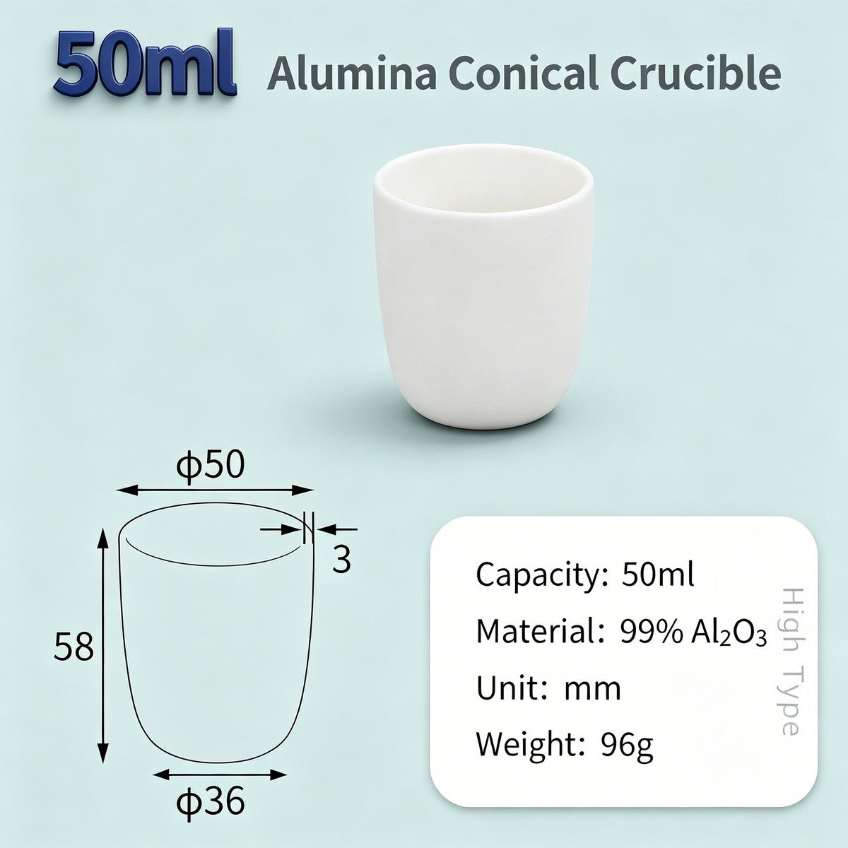 Alumina Conical Crucible – Lidless, 3–100mL, 99% High Purity