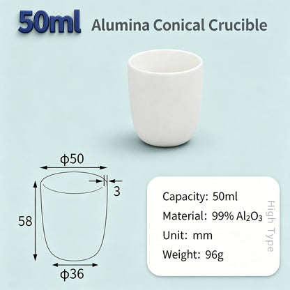 Alumina Conical Crucible – Lidless, 3–100mL, 99% High Purity