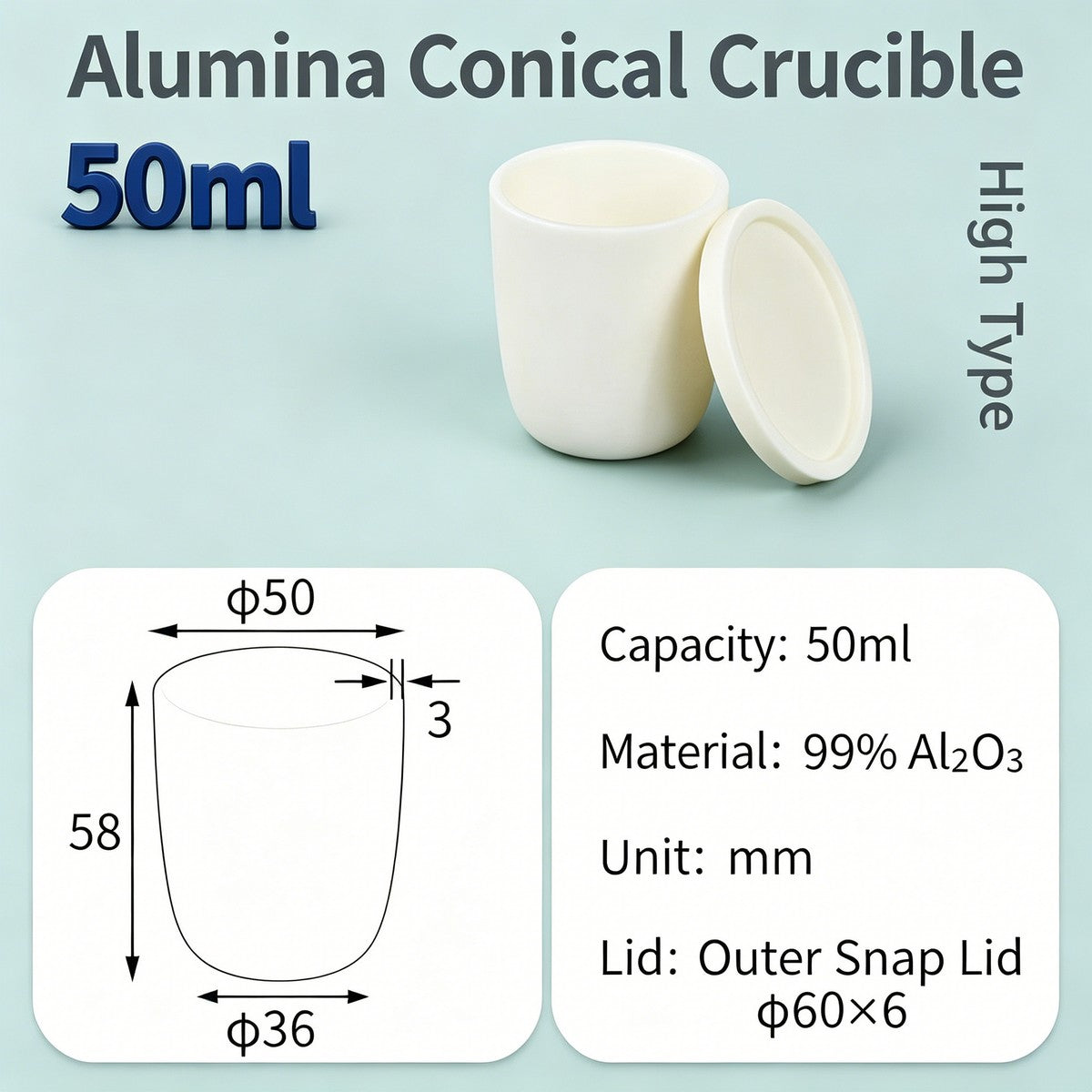 Alumina Conical Crucible – Lidded, 20–100mL, Regular, Short & High Purity