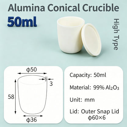Alumina Conical Crucible – Lidded, 20–100mL, Regular, Short & High Purity