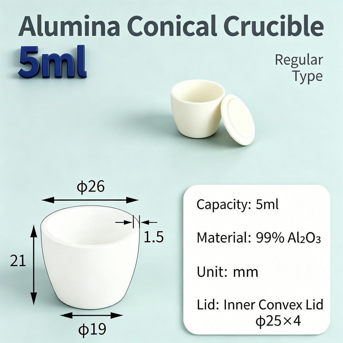 Alumina Conical Crucible – Lidded, 3–15mL, with Inner Convex or Outer Snap Lid