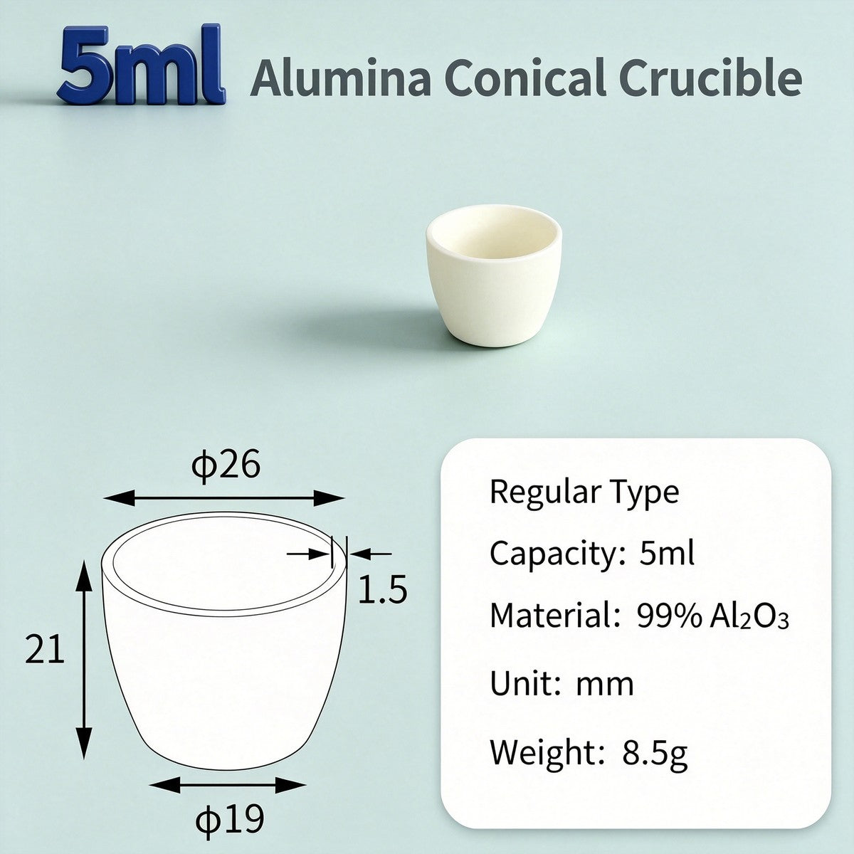 Alumina Conical Crucible – Lidless, 3–100mL, 99% High Purity