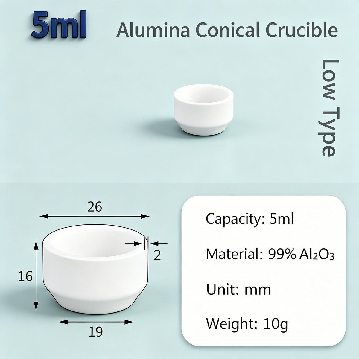 Alumina Conical Crucible – Lidless, 3–100mL, 99% High Purity