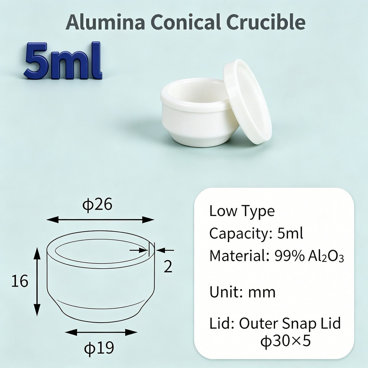 Alumina Conical Crucible – Lidded, 3–15mL, with Inner Convex or Outer Snap Lid