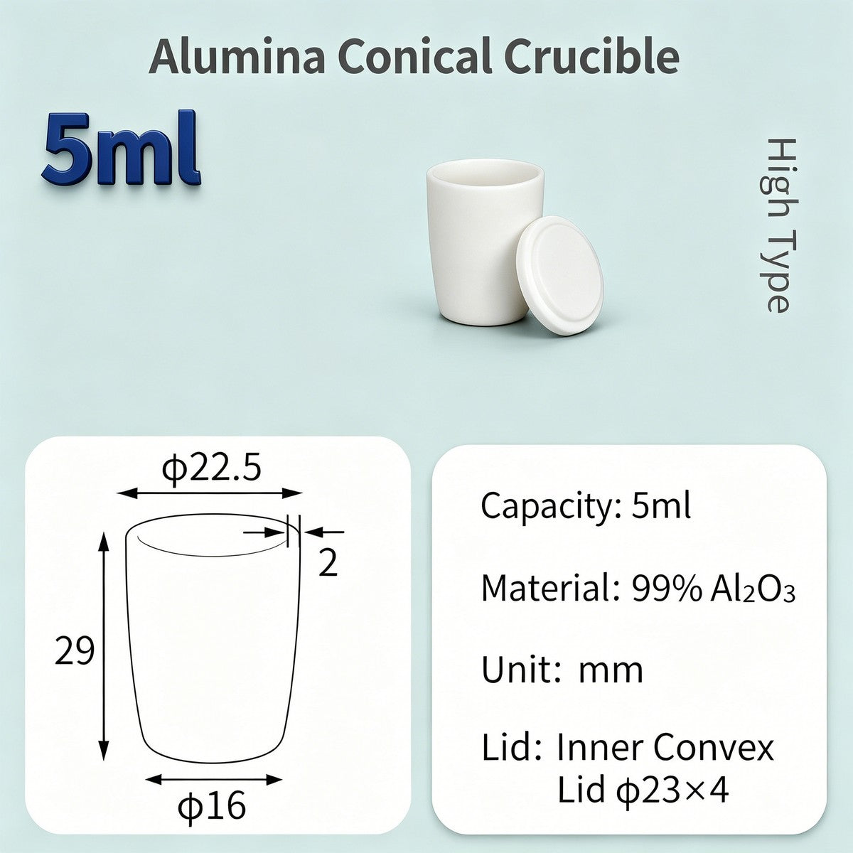 Alumina Conical Crucible – Lidded, 3–15mL, with Inner Convex or Outer Snap Lid