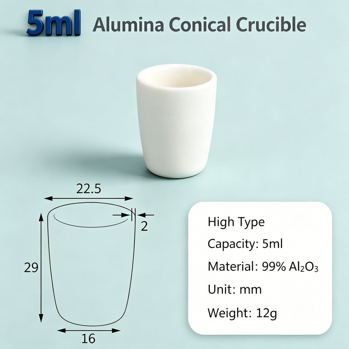 Alumina Conical Crucible – Lidless, 3–100mL, 99% High Purity