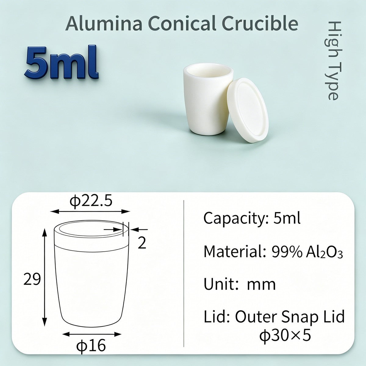 Alumina Conical Crucible – Lidded, 3–15mL, with Inner Convex or Outer Snap Lid