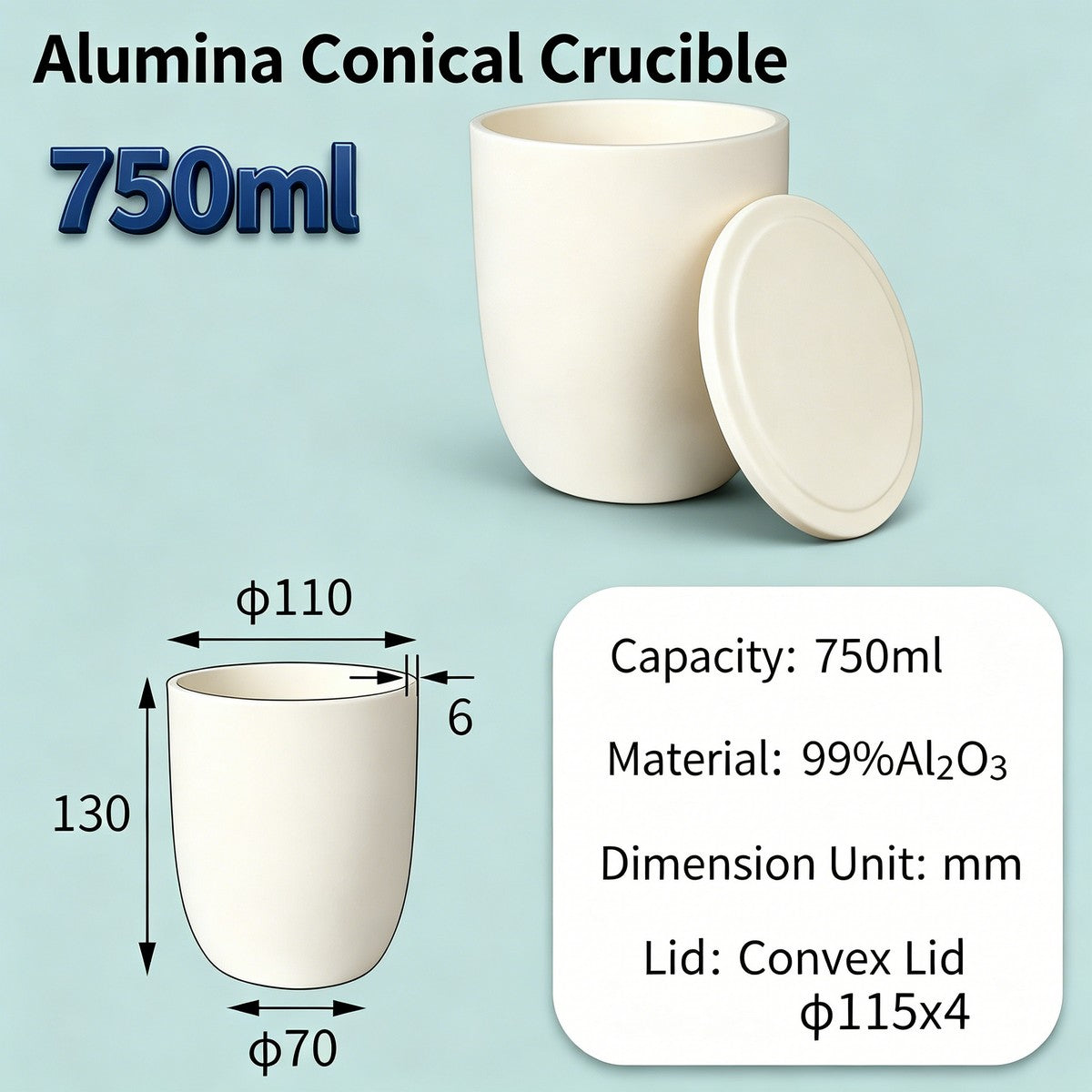 Alumina Conical Crucible – Lidded, 150–750mL, High Purity for Bulk Processing