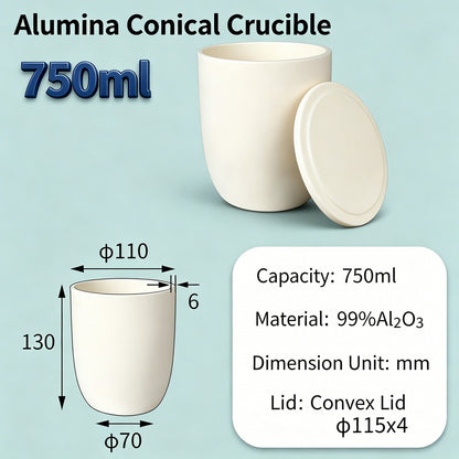 Alumina Conical Crucible – Lidded, 150–750mL, High Purity for Bulk Processing