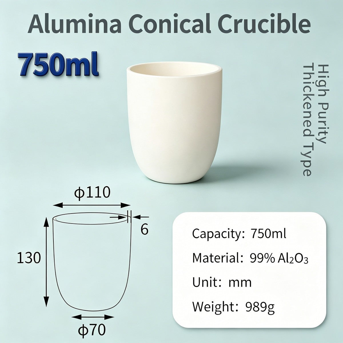Alumina Conical Crucible – Lidless, 150–3500mL, Large Capacity