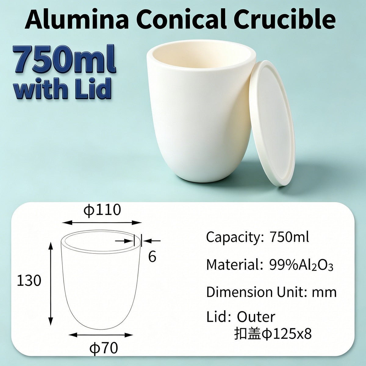 Alumina Conical Crucible – Lidded, 150–750mL, High Purity for Bulk Processing