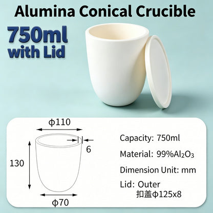 Alumina Conical Crucible – Lidded, 150–750mL, High Purity for Bulk Processing