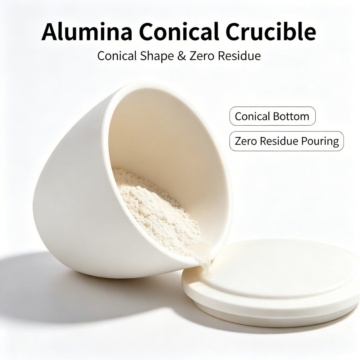 Alumina Conical Crucible smooth conical bottom design, zero residue pouring for lab powder sample transfer