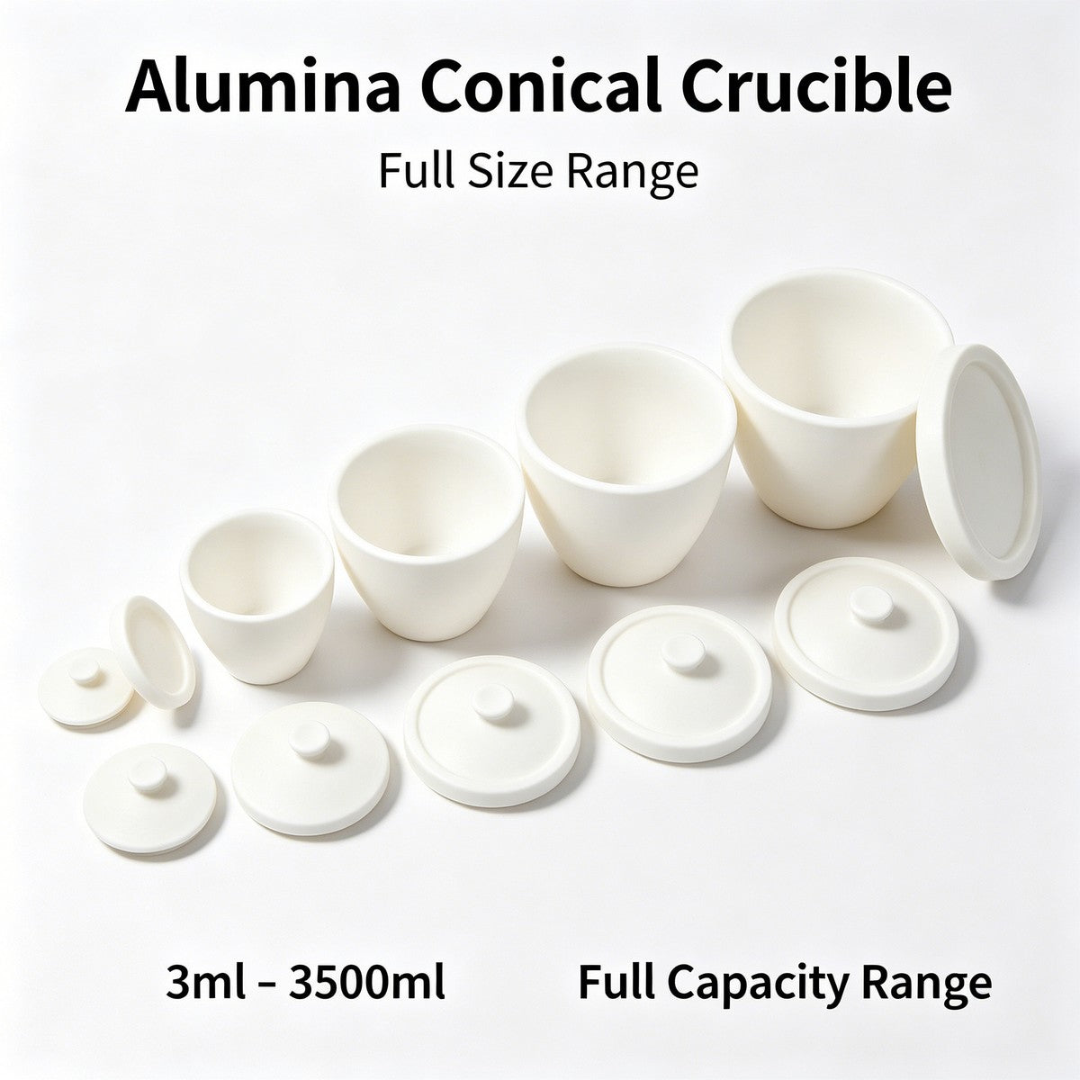 Alumina Conical Crucible full capacity range from 3ml to 3500ml, various sizes with matching sealed lids for lab use