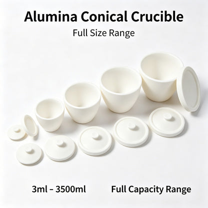 Alumina Conical Crucible full capacity range from 3ml to 3500ml, various sizes with matching sealed lids for lab use