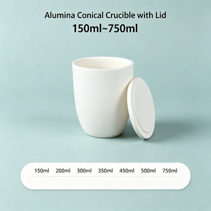 Alumina Conical Crucible lidded medium volume 150ml-750ml high purity sealed crucible, anti-volatilization design for lab bulk sample processing