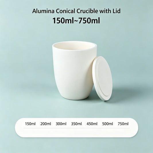 Alumina Conical Crucible lidded medium volume 150ml-750ml high purity sealed crucible, anti-volatilization design for lab bulk sample processing