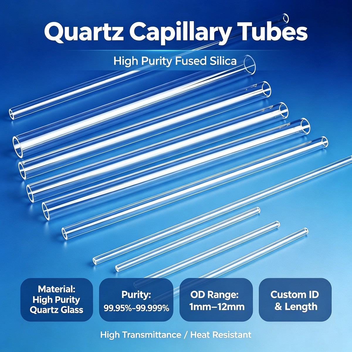 1-6mm OD Quartz Capillary Tube, 100mm Length - High Purity Fused Silica for Fiber Optics & Lab