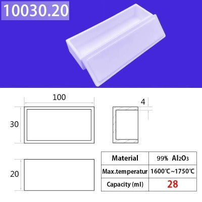 Alumina square crucible 100*30*20mm 28ml  Professional Melting Square Quartz Crucible, 1600°C Working Temperature, Preferred for Induction Furnaces