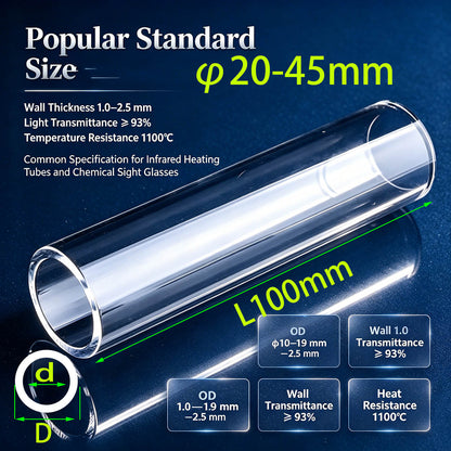 Quartz Tube OD 20–45mm | Thick Wall High Purity Fused Silica Tube 99.95% Purity for Semiconductor Diffusion Furnace
