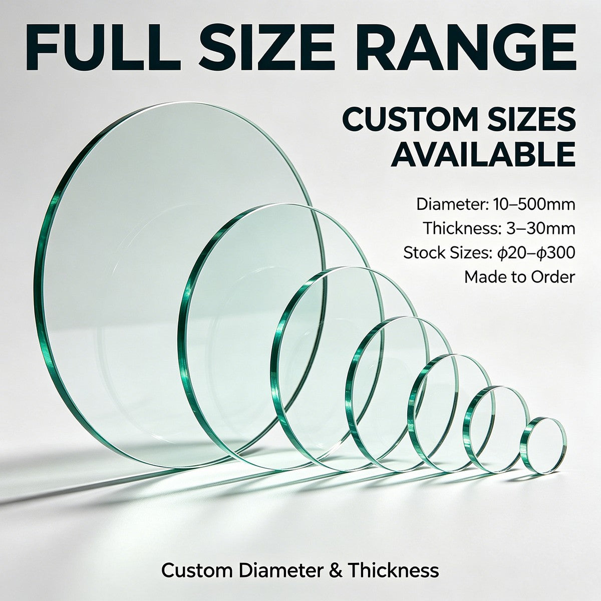 Complete size range vertical tempered circular sight glass, custom diameter 10-500mm & thickness 3-30mm available, high temp resistant 300℃ industrial glass