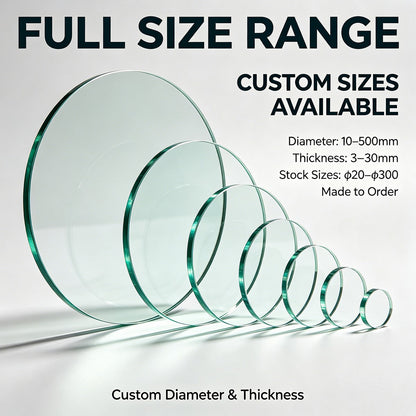 Complete size range vertical tempered circular sight glass, custom diameter 10-500mm & thickness 3-30mm available, high temp resistant 300℃ industrial glass