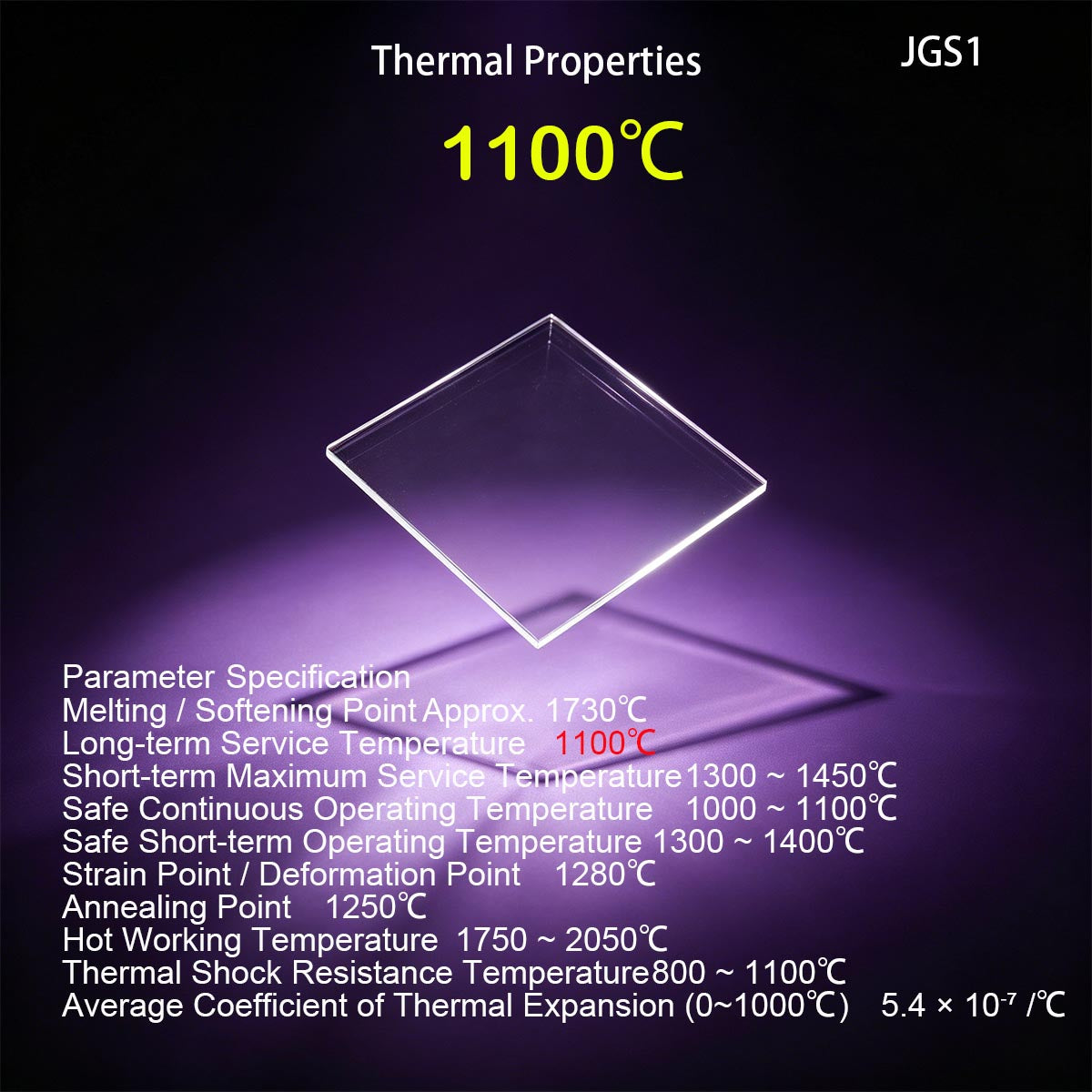 JGS1 UV quartz glass thermal properties high temperature resistance 1100°C data sheet