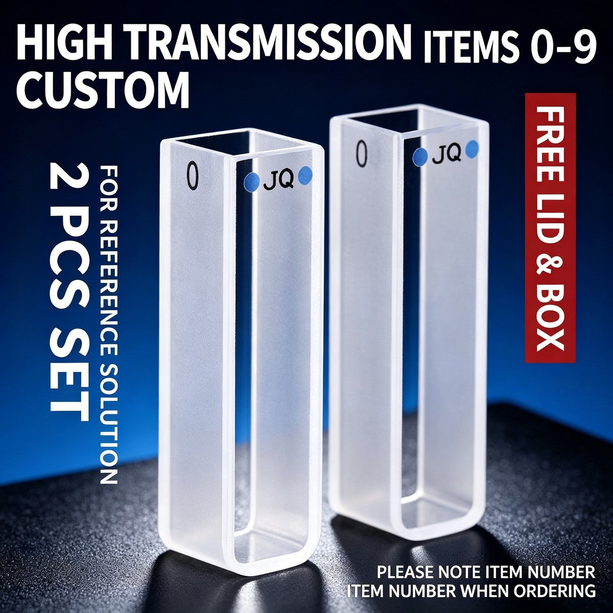 Custom numbered 10mm high transmittance 2-path quartz cuvettes 2pcs