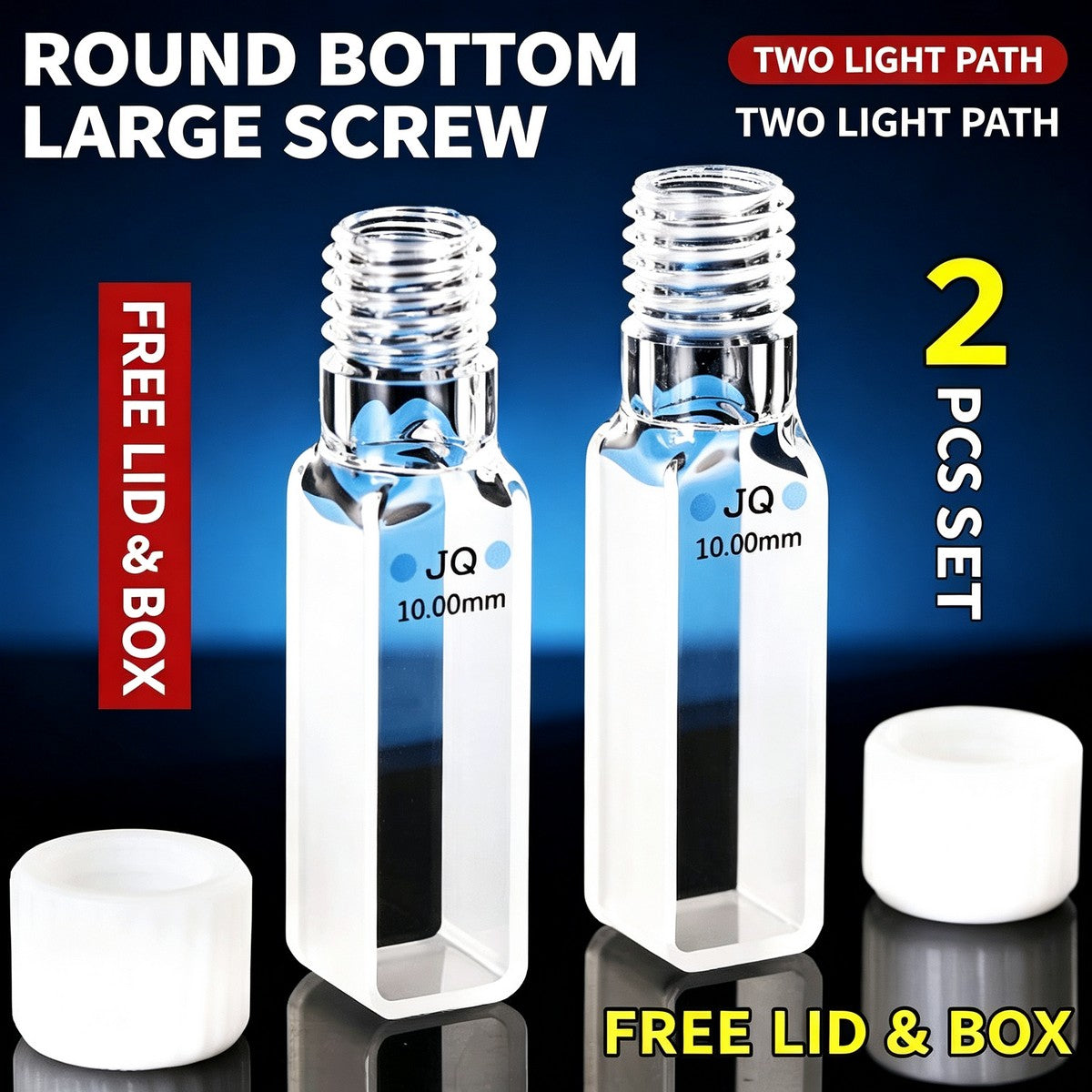 Large thread round bottom 10mm 2-path export quartz cuvettes 2pcs