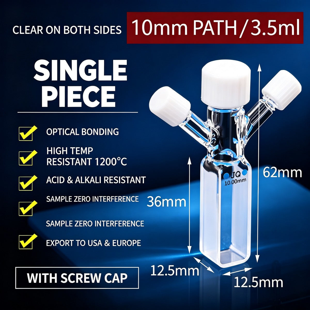 Three port flow through quartz cuvette with screw cap
