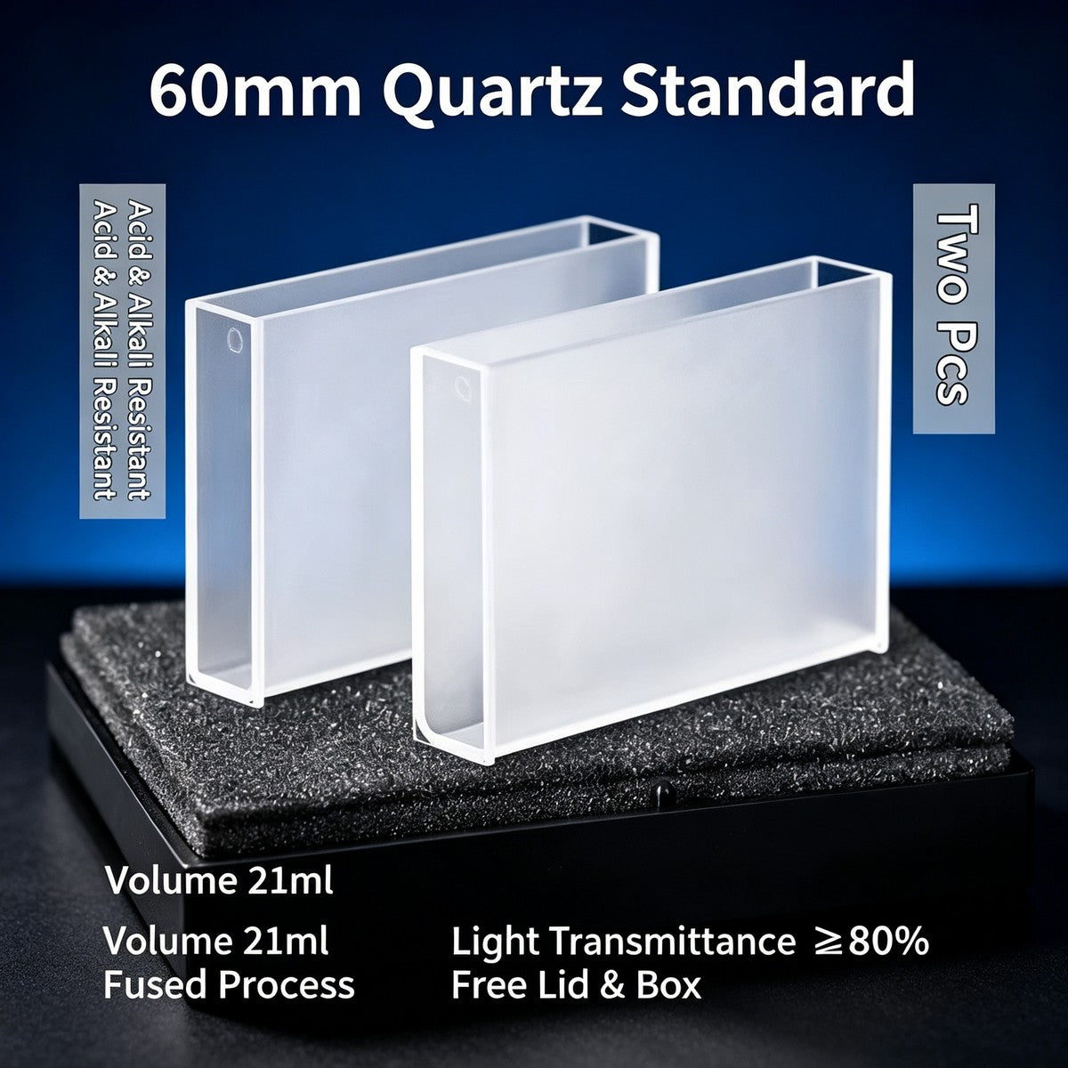 60mm path length acid resistant quartz cuvettes 2pcs