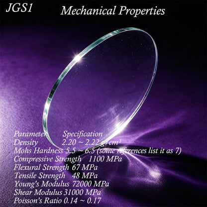 JGS1 quartz glass mechanical physical properties table, density, hardness, tensile & compressive strength parameters