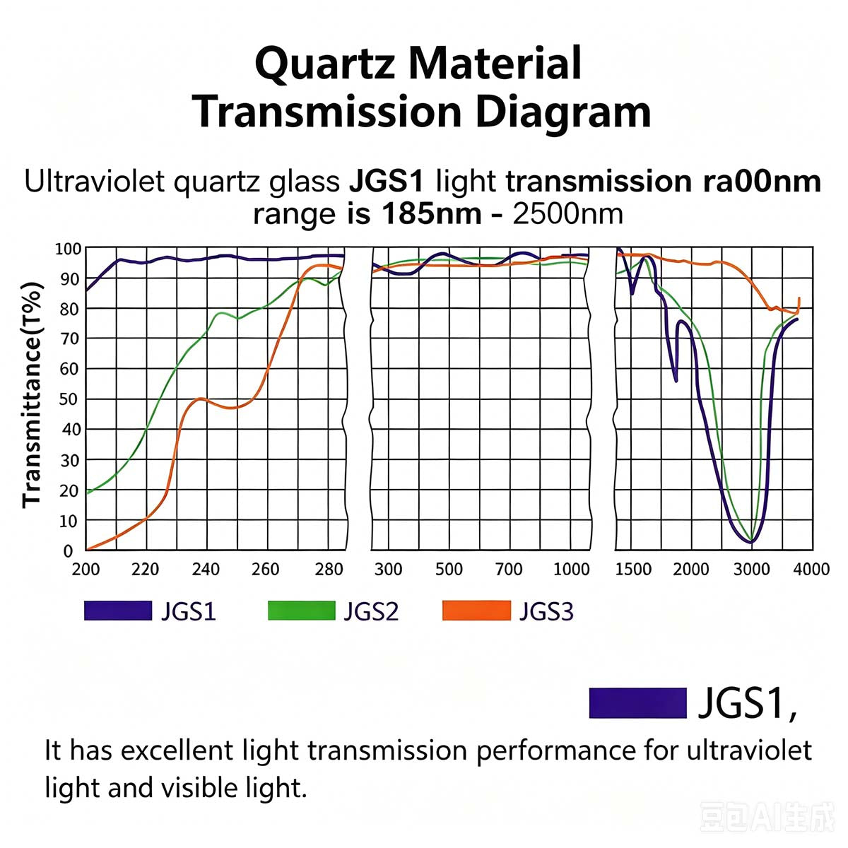 Quartz Glass JGS1 Optical Transmission Spectrum Wavelength Chart, 185nm-2500nm deep ultraviolet transmittance curve of fused silica optical window, high UV light permeability data graph
