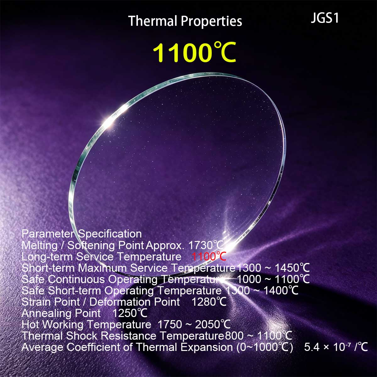 JGS1 quartz glass thermal performance chart, max 1100℃ long-term working temperature, thermal shock resistance