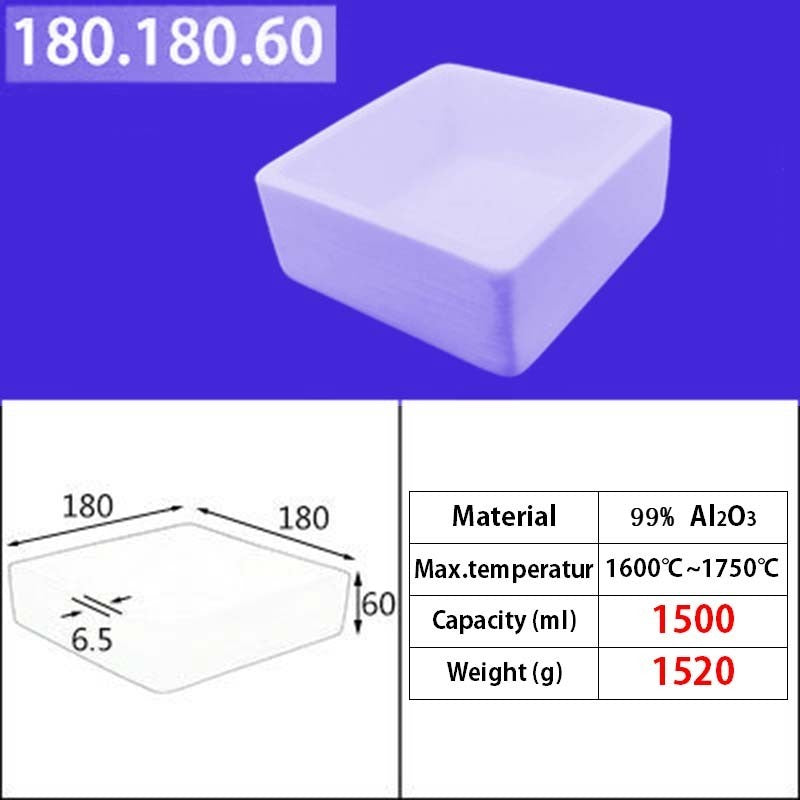 180*180*60mm 1500ml  Industrial Grade 99% Alumina Square Quartz Crucible, Premium for Induction Furnace Melting