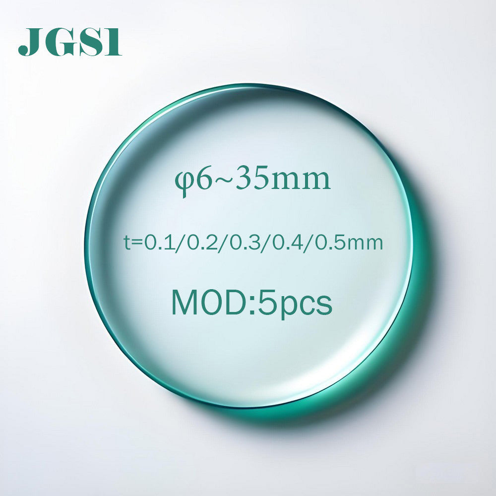 Disques ronds en verre de quartz JGS1 personnalisables, transmissifs aux UV, spectre lumineux large de 185 à 2 500 nm, résistance à la chaleur de 1 200 °C, diamètre de 6 à 37 mm, ultra fin de 0,1 à 0,5 mm, MOQ 5 pièces