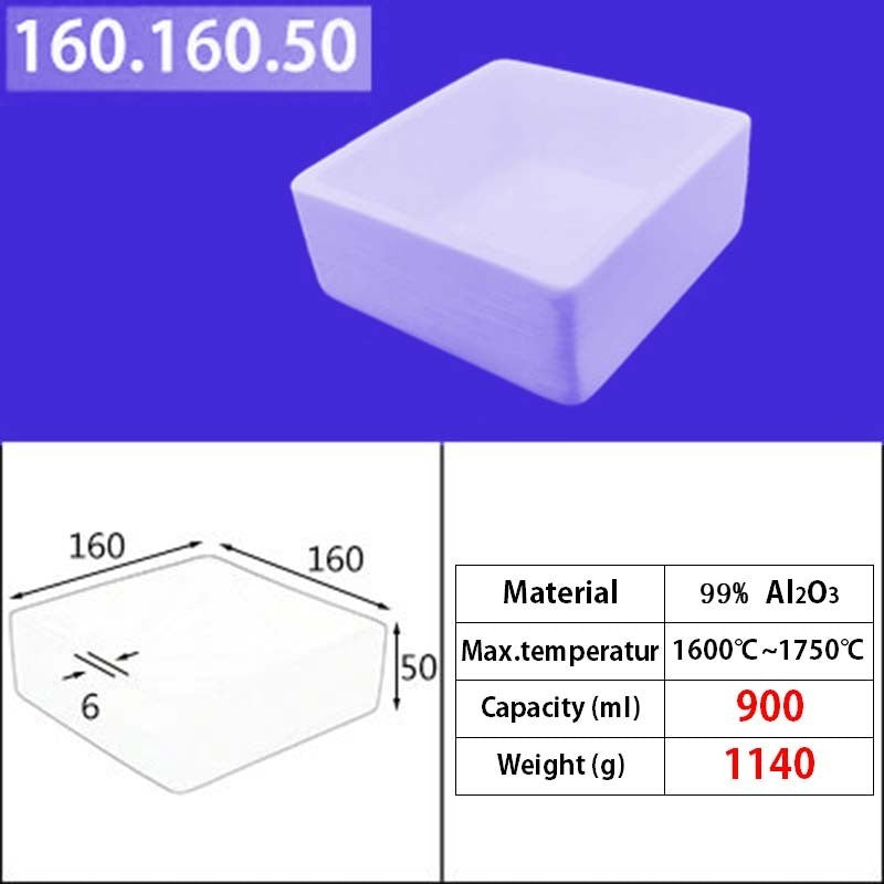 160*160*50mm 900ml  Industrial Grade 99% Alumina Square Quartz Crucible, Premium for Induction Furnace Melting