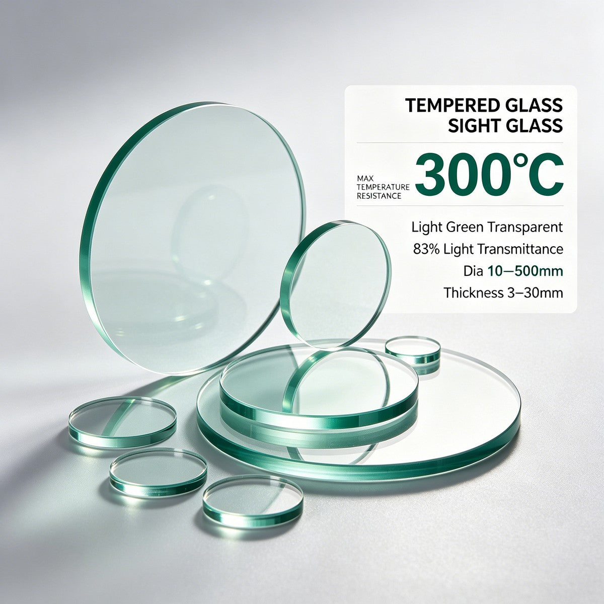 Multi-size tempered round sight glass display with core parameters, heat resistant 300°C, 83% light transmittance, various diameters & thickness for industrial use