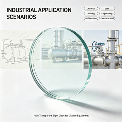 Close-up detail of tempered round sight glass with smooth polished safe edge, explosion-proof, high temperature resistant up to 300°C for industrial pressure equipment