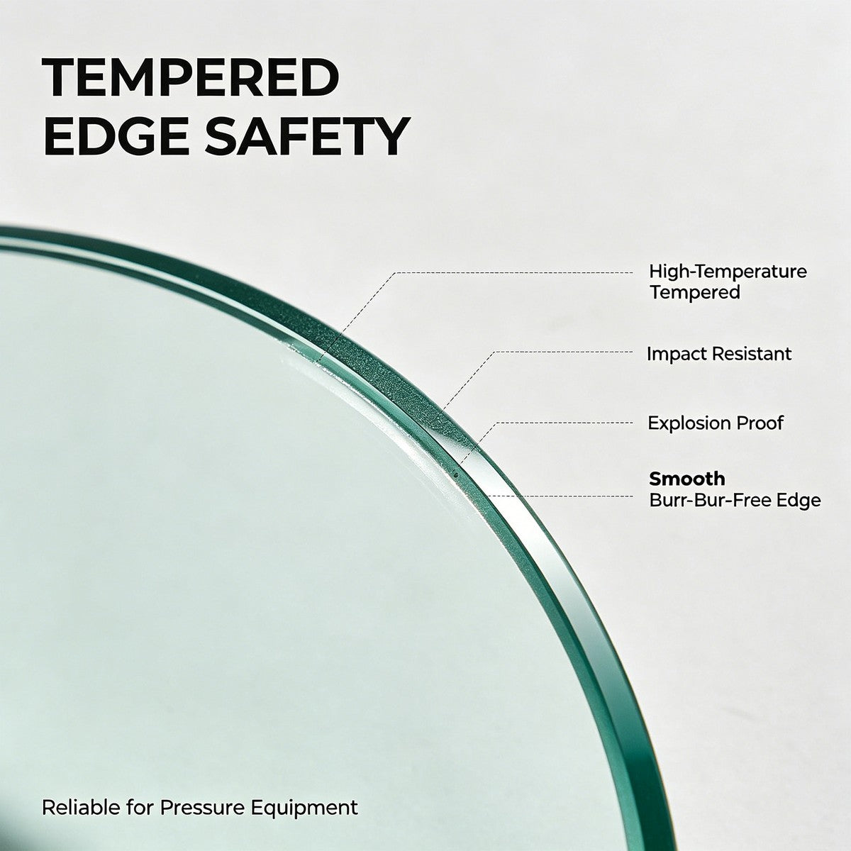 Close-up detail of tempered round sight glass with smooth polished safe edge, explosion-proof, high temperature resistant up to 300°C for industrial pressure equipment