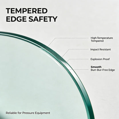 Close-up detail of tempered round sight glass with smooth polished safe edge, explosion-proof, high temperature resistant up to 300°C for industrial pressure equipment